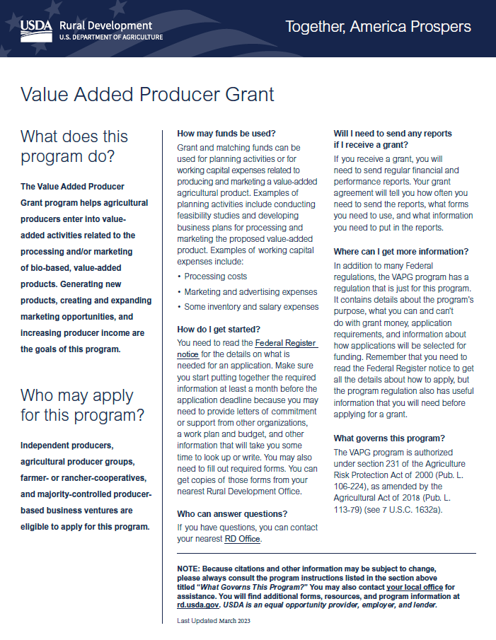 USDA Value Added Producer Grant